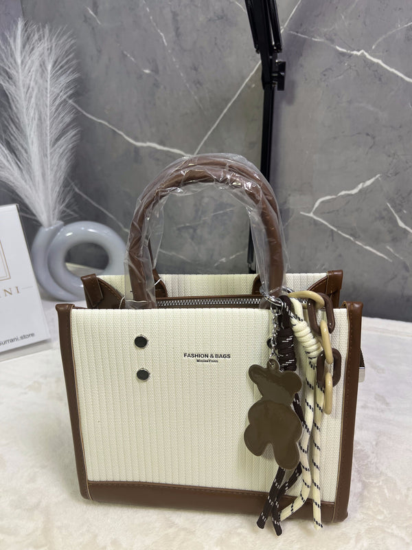 Canvas Structured Tote – Cream & Brown