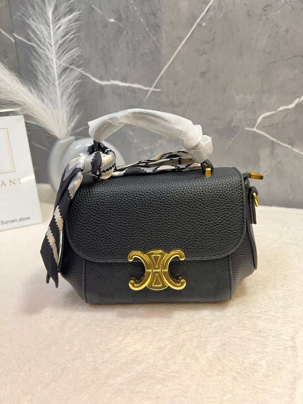 Black Flap Bag with Gold Clasp & Scarf