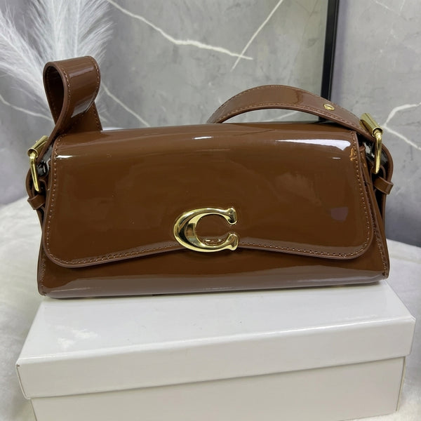 Glossy Buckle Shoulder Bag – Brown