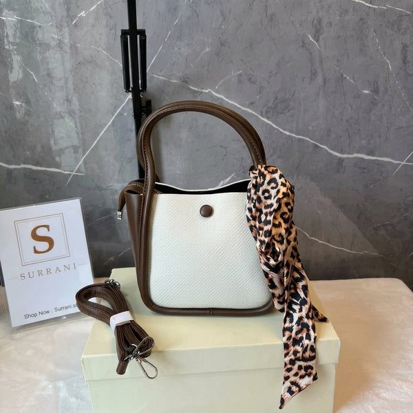 Mini Bucket Handbag for Girls | Two-Tone Brown & White Tote | with Twilly Scarf & Long Strap
